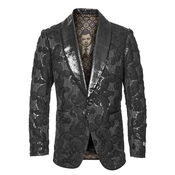 Empire™ Textured Paisley Shawl Lapel Hybrid Fit Blazer, Black, MEDIUM - Picture 2 of 5